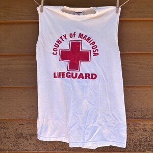 Vintage Jerzees County Of Mariposa Lifeguard Muscle Tank Top White/Red 100% Cott
